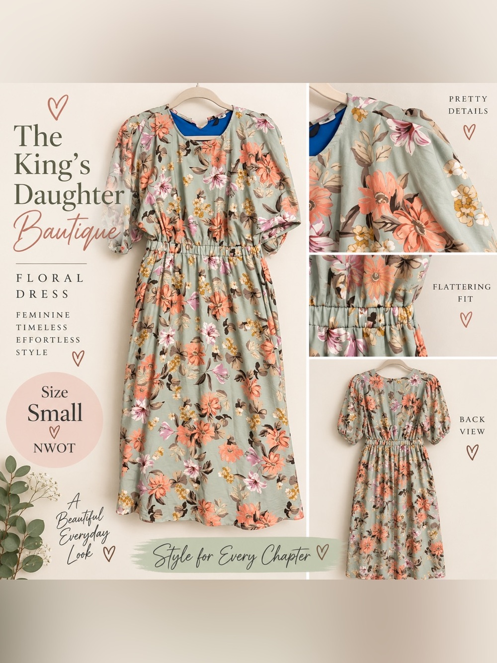 The King’s Daughter Boutique Floral Modest Dress NWOT Sage Green
